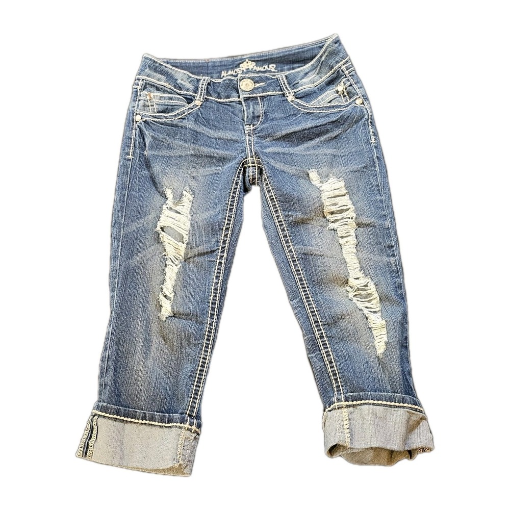 Almost Famous Capri Jeans Distressed Cuffed Hem Thick Stiching Juniors Sz 7